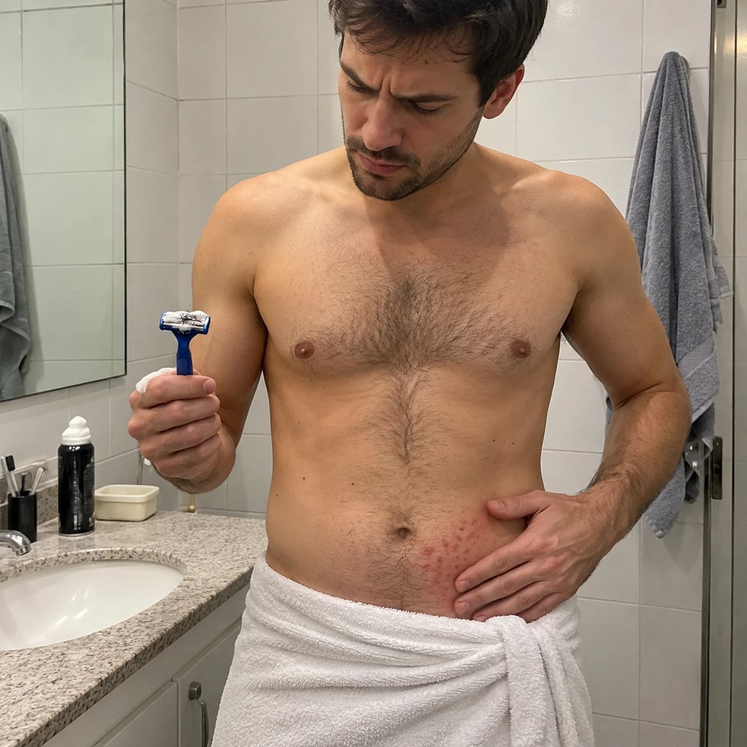 Hombre con la piel irritada después de afeitarse con una gillette descartable